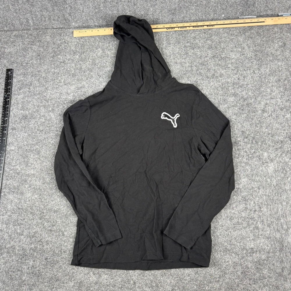 Puma Hoodie Mens Size L Black Waffle Knit Cotton Long Sleeve Athletic Pullover